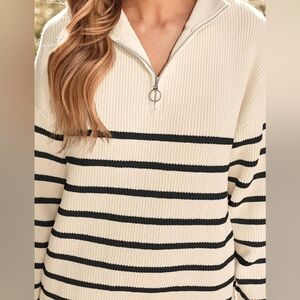 LILLUSORY Quarter Zip White Pull Over Sweater Black Stripes